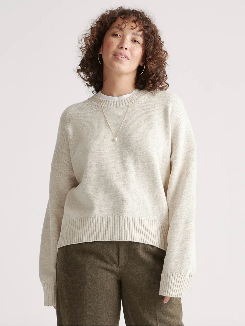 Quince Speckled Beige 100% Organic Cotton Boyfriend Crew Sweater